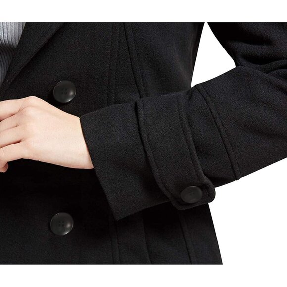 Women's Black Warm Double Breasted Wool Pea Coat Trench Coat Jacket with Hood - Picture 6 of 8